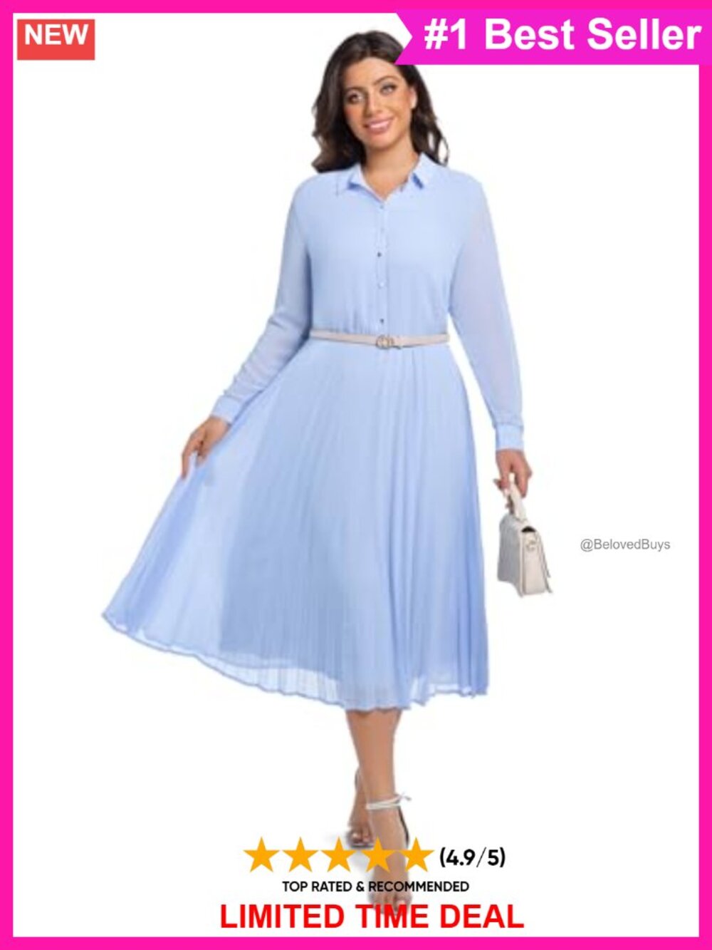 Women's Work Dress with Faux Leather Belt Business Casual Midi Shirt Dress